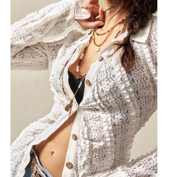 Boho White ruffle Detail Button Down Long Sleeve Top - Picture 2 of 10